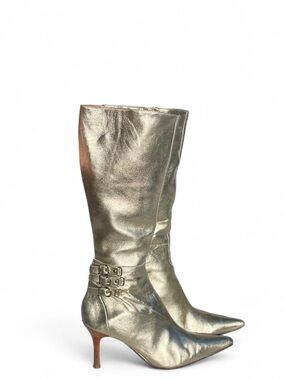Charles David Gold Metallic Leather Pointed Toe Knee High Boots 9.5B